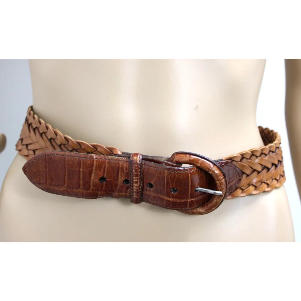 Brighton Belt Women's Size 28 Vintage 90s Brown Braided Woven Leather USA 42407